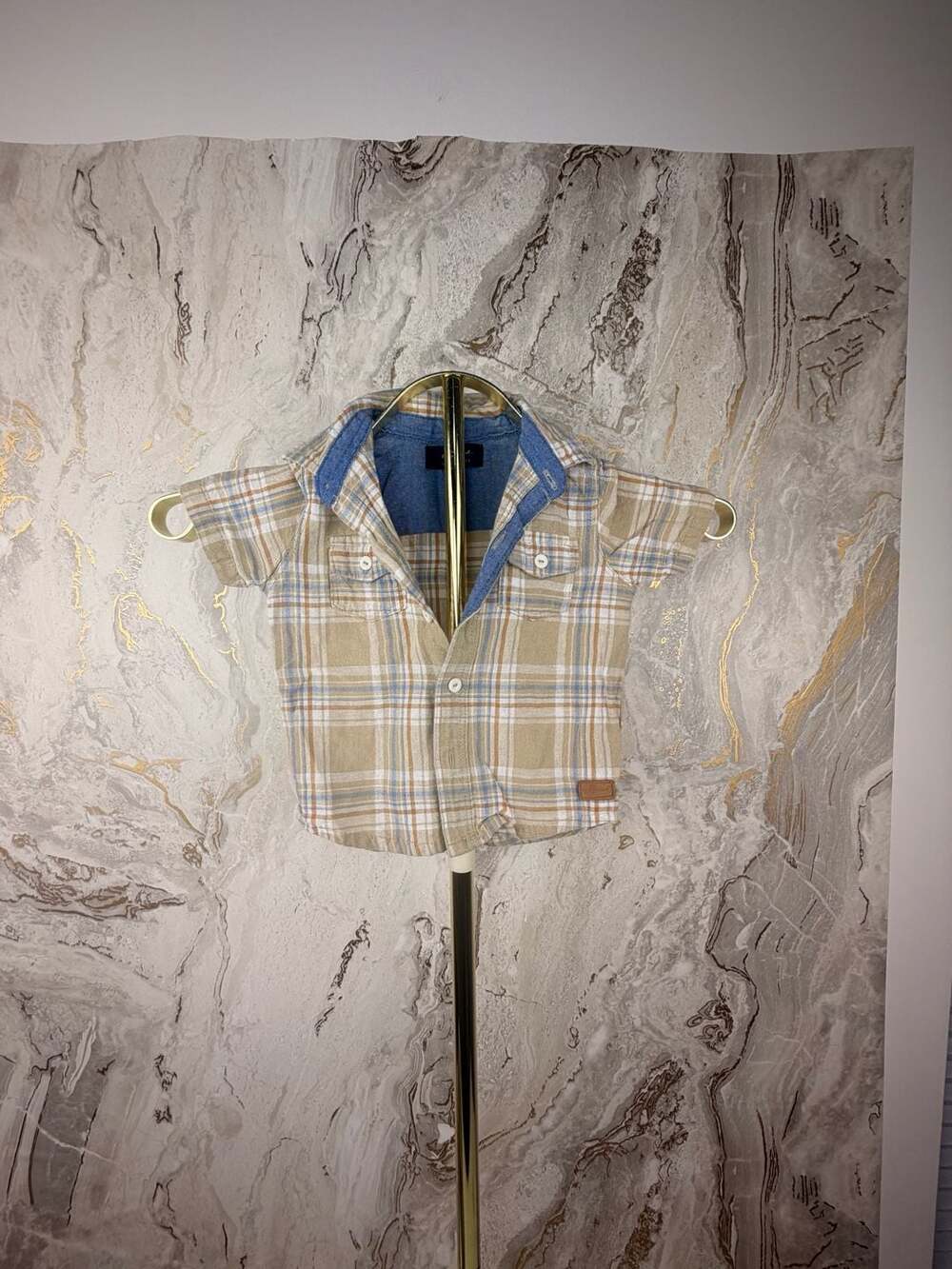 7 For All Mankind Plaid Button Up Shirt Size 18M Short Sleeve Tan Blue